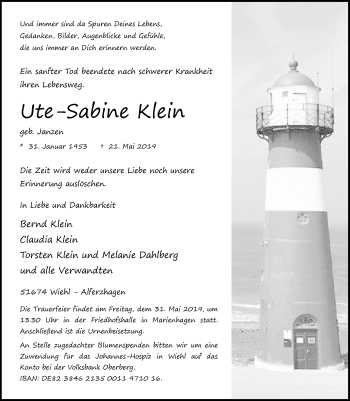 Anzeige von Ute-Sabine Klein von  Anzeigen Echo 