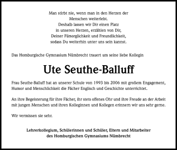 Anzeige von Ute Seuthe-Balluff von Kölner Stadt-Anzeiger / Kölnische Rundschau / Express