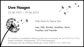 Anzeige von Uwe Haagen von Kölner Stadt-Anzeiger / Kölnische Rundschau / Express
