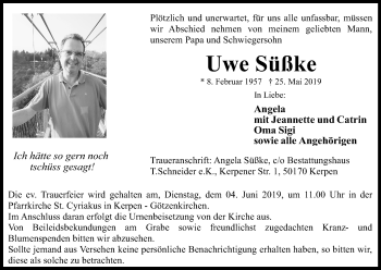 Anzeige von Uwe Süßke von Kölner Stadt-Anzeiger / Kölnische Rundschau / Express