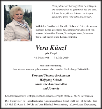 Anzeige von Vera Künzl von  Leverkusener Wochenende 