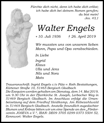 Anzeige von Walter Engels von Kölner Stadt-Anzeiger / Kölnische Rundschau / Express