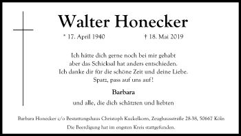 Anzeige von Walter Honecker von Kölner Stadt-Anzeiger / Kölnische Rundschau / Express