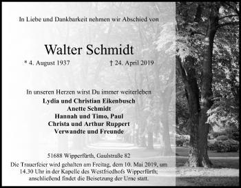 Anzeige von Walter Schmidt von Kölner Stadt-Anzeiger / Kölnische Rundschau / Express