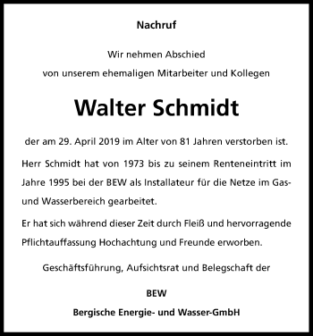 Anzeige von Walter Schmidt von Kölner Stadt-Anzeiger / Kölnische Rundschau / Express