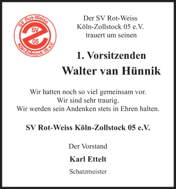 Anzeige von Walter van Hünnik von Kölner Stadt-Anzeiger / Kölnische Rundschau / Express