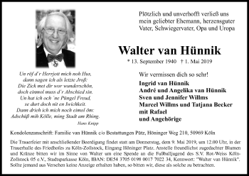Anzeige von Walter  van Hünnik von Kölner Stadt-Anzeiger / Kölnische Rundschau / Express