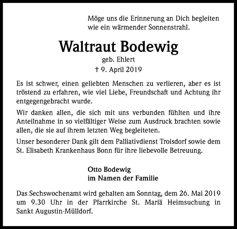  Traueranzeige für Waltraut Bodewig vom 11.05.2019 aus Kölner Stadt-Anzeiger / Kölnische Rundschau / Express