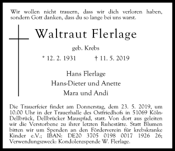 Anzeige von Waltraut Flerlage von Kölner Stadt-Anzeiger / Kölnische Rundschau / Express