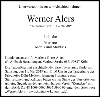 Anzeige von Werner Alers von Kölner Stadt-Anzeiger / Kölnische Rundschau / Express