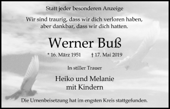 Anzeige von Werner Buß von Kölner Stadt-Anzeiger / Kölnische Rundschau / Express