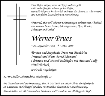 Anzeige von Werner Prues von Kölner Stadt-Anzeiger / Kölnische Rundschau / Express