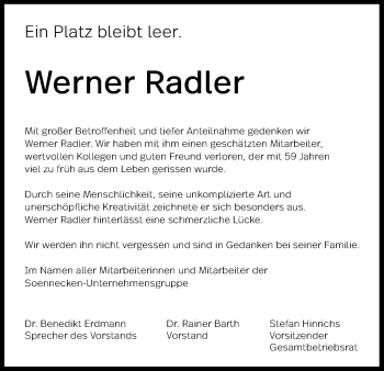 Anzeige von Werner Radler von Kölner Stadt-Anzeiger / Kölnische Rundschau / Express