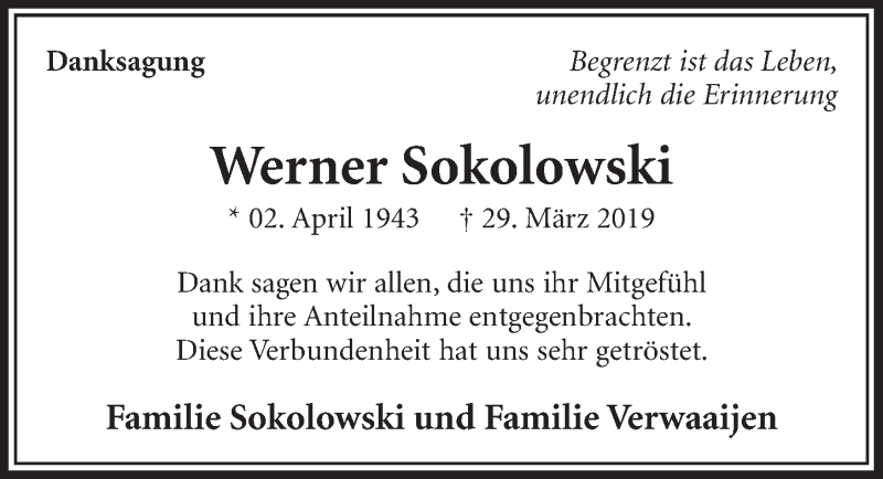  Traueranzeige für Werner Sokolowski vom 18.05.2019 aus  Sonntags-Post 