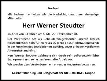 Anzeige von Werner Steudter von Kölner Stadt-Anzeiger / Kölnische Rundschau / Express