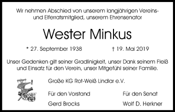 Anzeige von Wester Minkus von Kölner Stadt-Anzeiger / Kölnische Rundschau / Express