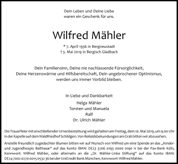 Anzeige von Wilfred Mähler von Kölner Stadt-Anzeiger / Kölnische Rundschau / Express