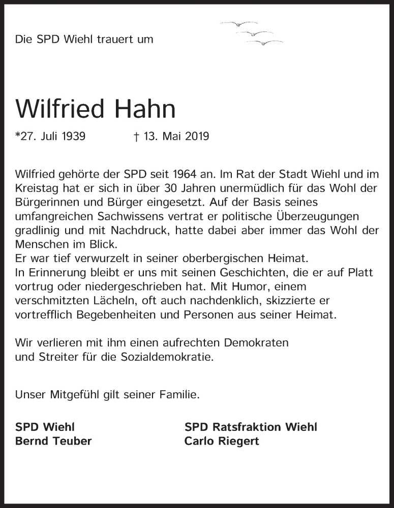  Traueranzeige für Wilfried Hahn vom 18.05.2019 aus Kölner Stadt-Anzeiger / Kölnische Rundschau / Express