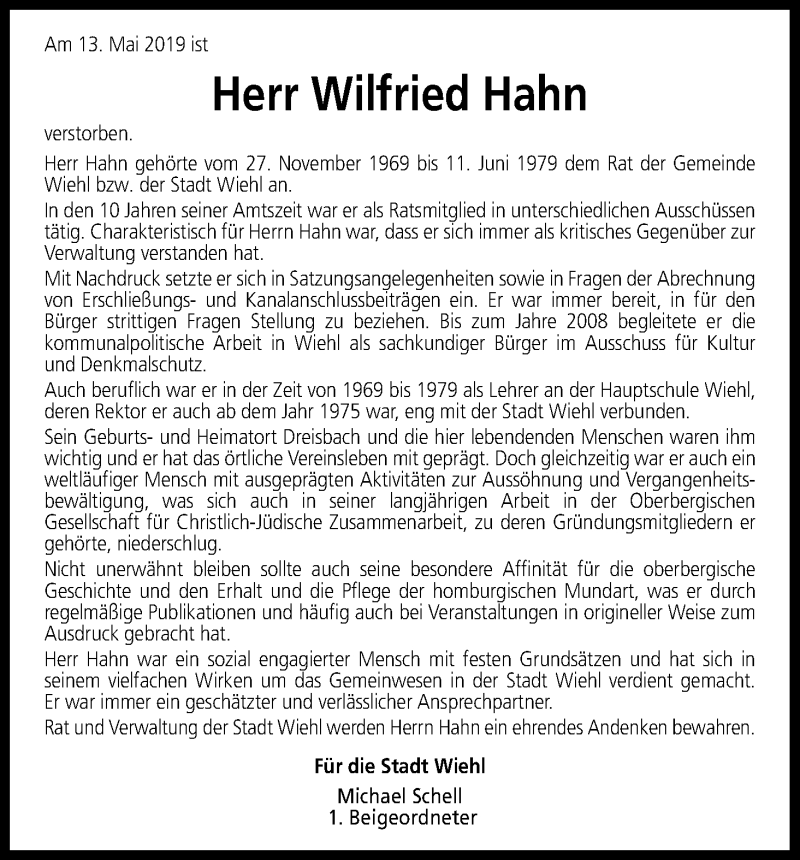  Traueranzeige für Wilfried Hahn vom 17.05.2019 aus Kölner Stadt-Anzeiger / Kölnische Rundschau / Express