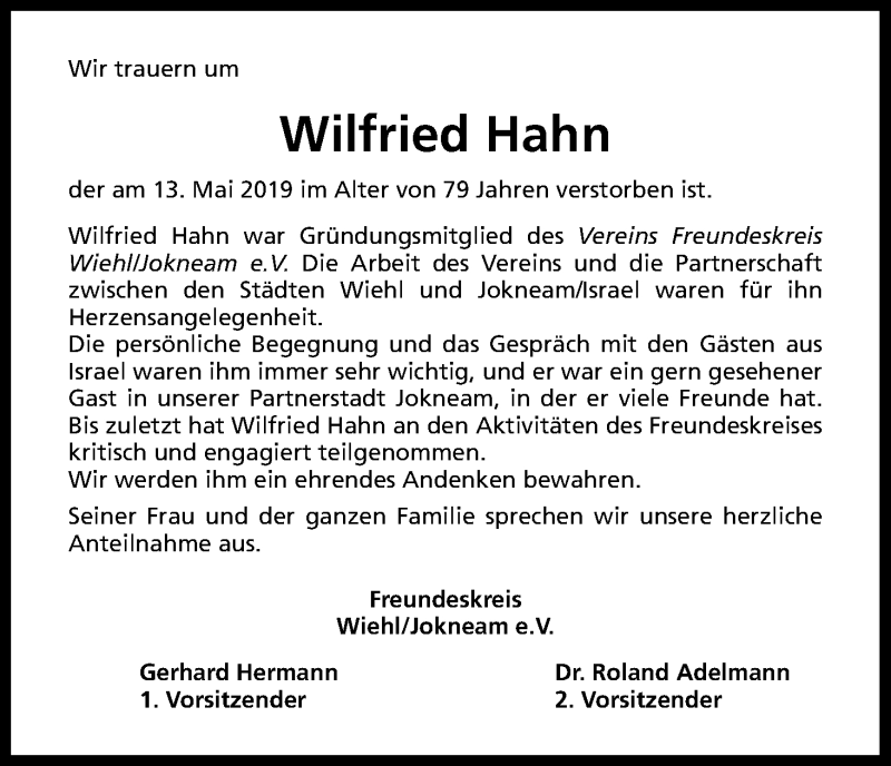  Traueranzeige für Wilfried Hahn vom 17.05.2019 aus Kölner Stadt-Anzeiger / Kölnische Rundschau / Express