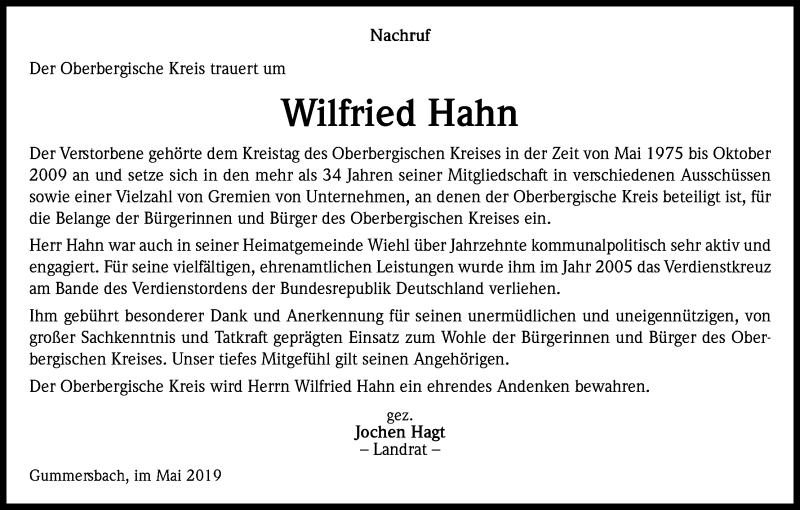  Traueranzeige für Wilfried Hahn vom 17.05.2019 aus Kölner Stadt-Anzeiger / Kölnische Rundschau / Express