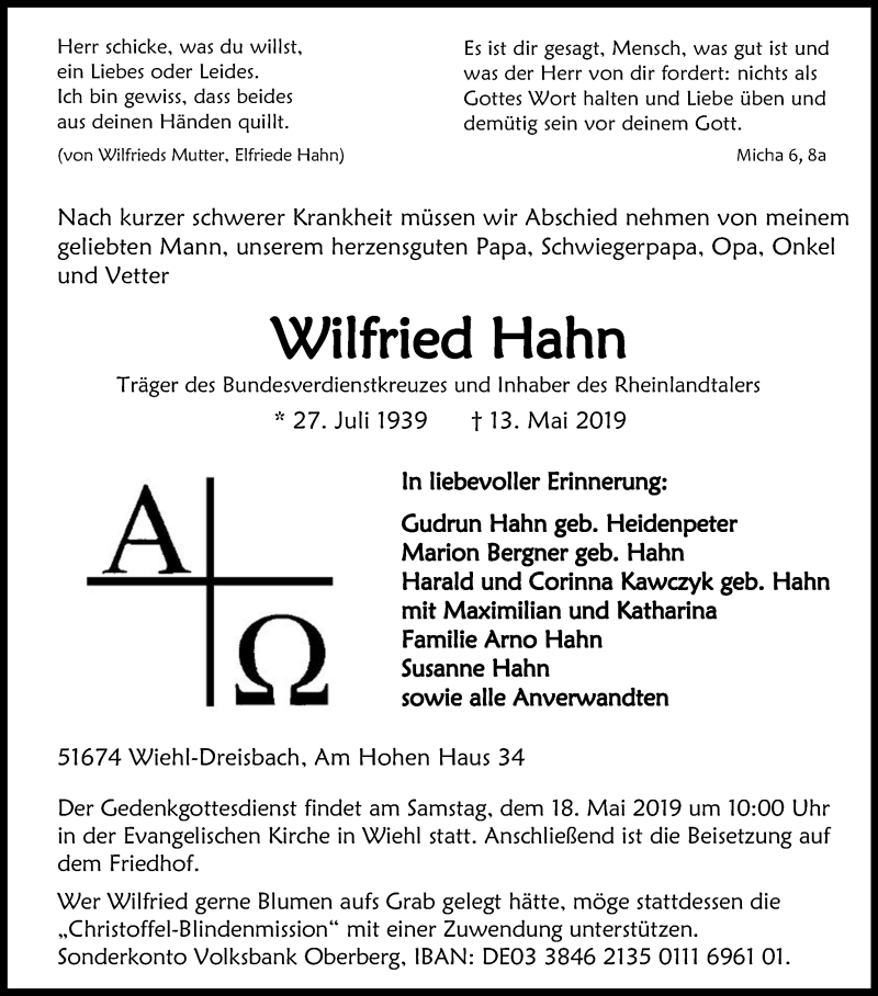 Traueranzeige für Wilfried Hahn vom 15.05.2019 aus Kölner Stadt-Anzeiger / Kölnische Rundschau / Express