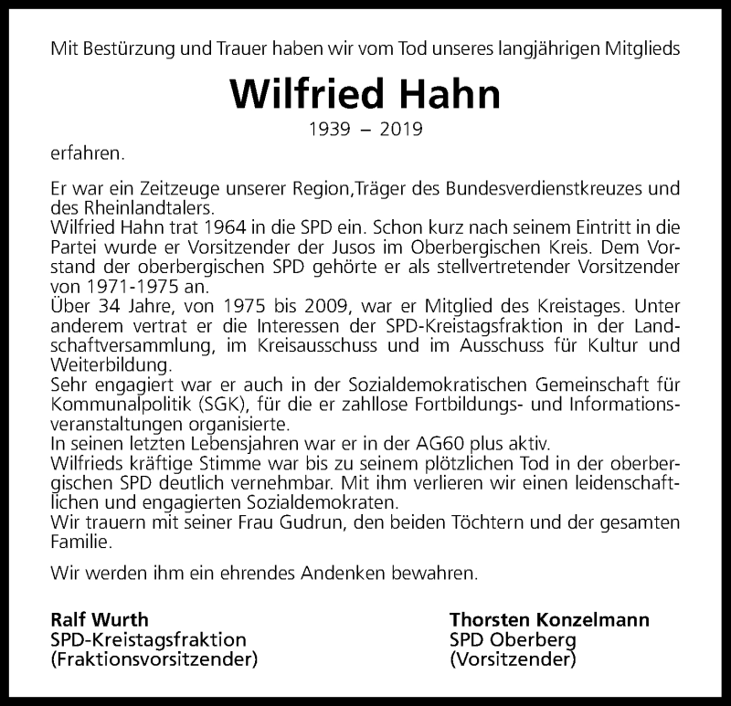  Traueranzeige für Wilfried Hahn vom 18.05.2019 aus Kölner Stadt-Anzeiger / Kölnische Rundschau / Express
