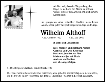 Anzeige von Wilhelm Althoff von Kölner Stadt-Anzeiger / Kölnische Rundschau / Express