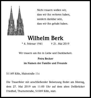 Anzeige von Wilhelm Berk von Kölner Stadt-Anzeiger / Kölnische Rundschau / Express