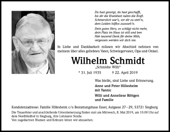 Anzeige von Wilhelm Schmidt von Kölner Stadt-Anzeiger / Kölnische Rundschau / Express