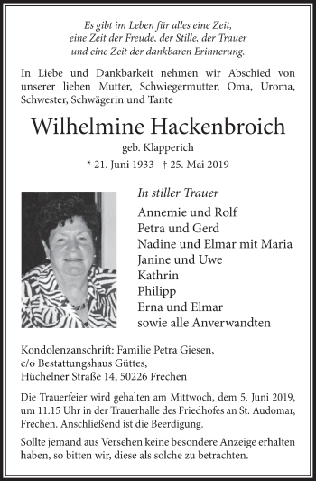 Anzeige von Wilhelmine Hackenbroich von  Sonntags-Post 
