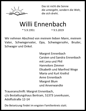 Anzeige von Willi Ennenbach von Kölner Stadt-Anzeiger / Kölnische Rundschau / Express