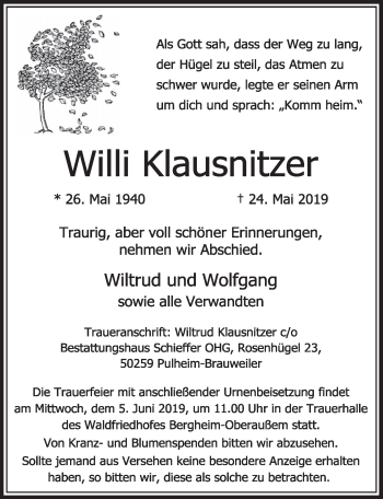 Anzeige von Willi Klausnitzer von  Sonntags-Post 