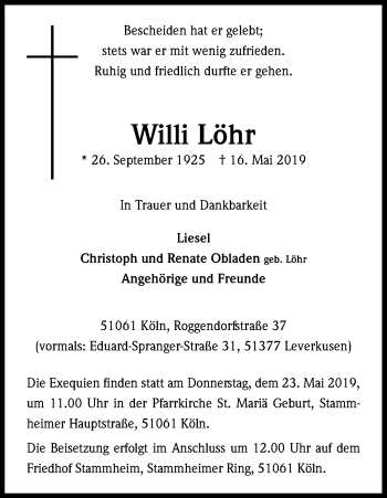 Anzeige von Willi Löhr von Kölner Stadt-Anzeiger / Kölnische Rundschau / Express