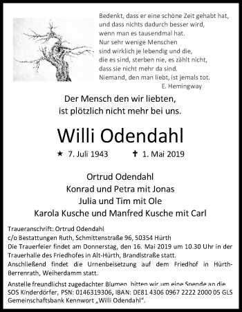 Anzeige von Willi Odendahl von Kölner Stadt-Anzeiger / Kölnische Rundschau / Express