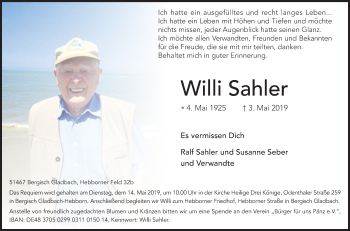 Anzeige von Willi Sahler von Kölner Stadt-Anzeiger / Kölnische Rundschau / Express