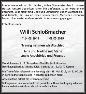 Anzeige von Willi Schloßmacher von  Sonntags-Post 