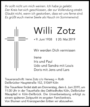Anzeige von Willi Zotz von Kölner Stadt-Anzeiger / Kölnische Rundschau / Express