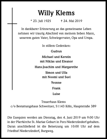 Anzeige von Willy Klems von Kölner Stadt-Anzeiger / Kölnische Rundschau / Express