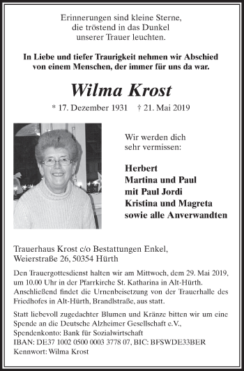Anzeige von Wilma Krost von  Sonntags-Post 