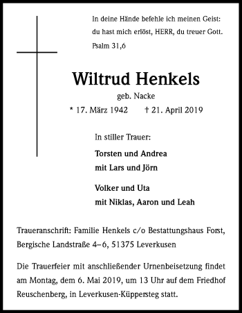 Anzeige von Wiltrud Henkels von Kölner Stadt-Anzeiger / Kölnische Rundschau / Express
