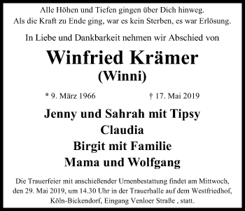 Anzeige von Winfried Krämer von Kölner Stadt-Anzeiger / Kölnische Rundschau / Express