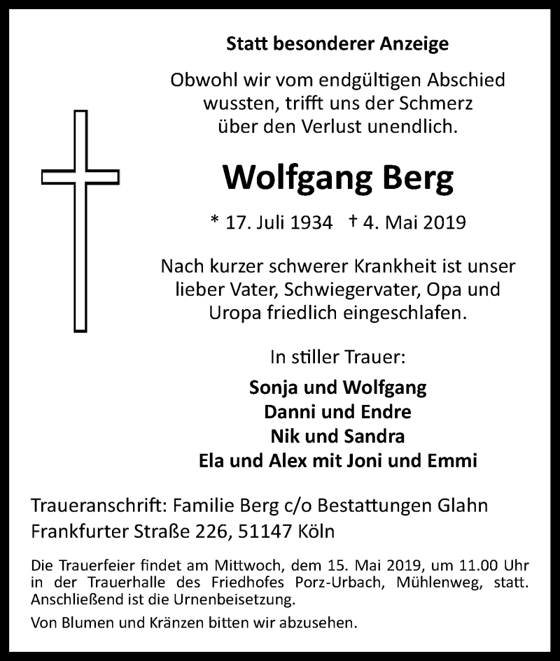  Traueranzeige für Wolfgang Berg vom 11.05.2019 aus Kölner Stadt-Anzeiger / Kölnische Rundschau / Express