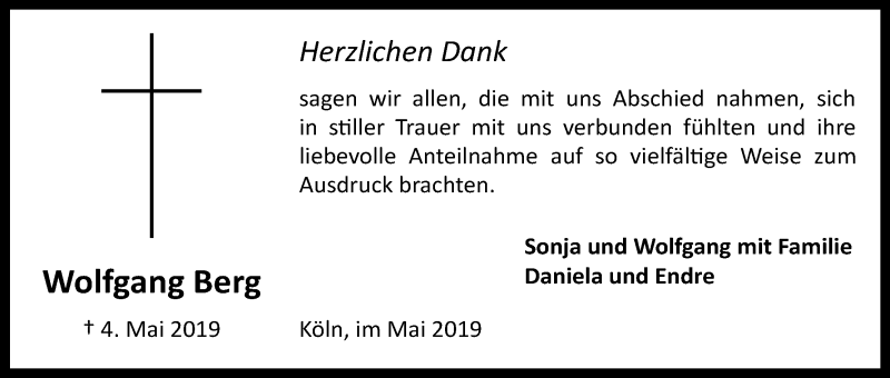  Traueranzeige für Wolfgang Berg vom 25.05.2019 aus Kölner Stadt-Anzeiger / Kölnische Rundschau / Express
