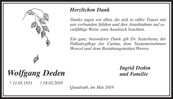 Anzeige von Wolfgang Deden von  Sonntags-Post 