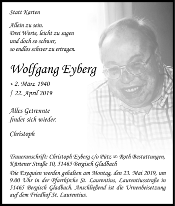 Anzeige von Wolfgang Eyberg von Kölner Stadt-Anzeiger / Kölnische Rundschau / Express