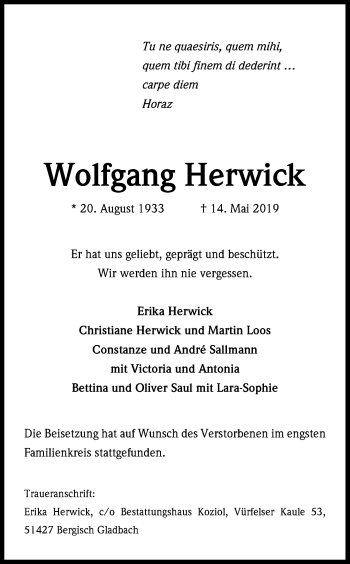 Anzeige von Wolfgang Herwick von Kölner Stadt-Anzeiger / Kölnische Rundschau / Express
