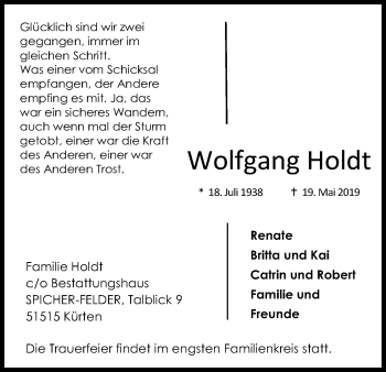 Anzeige von Wolfgang Holdt von Kölner Stadt-Anzeiger / Kölnische Rundschau / Express