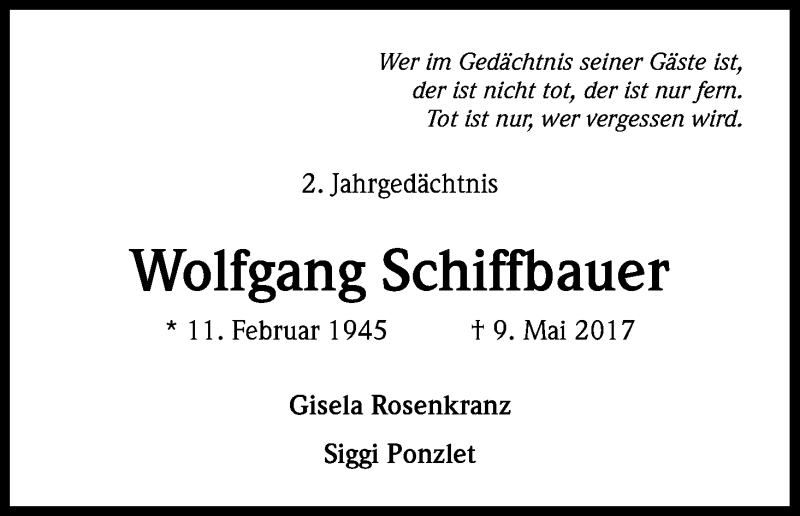  Traueranzeige für Wolfgang Schiffbauer vom 11.05.2019 aus Kölner Stadt-Anzeiger / Kölnische Rundschau / Express
