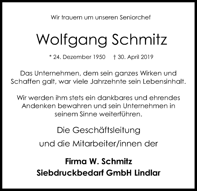  Traueranzeige für Wolfgang Schmitz vom 08.05.2019 aus Kölner Stadt-Anzeiger / Kölnische Rundschau / Express